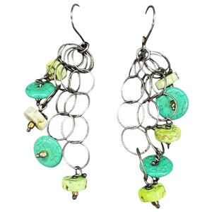 Vintage Sterling Silver Green and Blue Turquoise Dangle Earrings